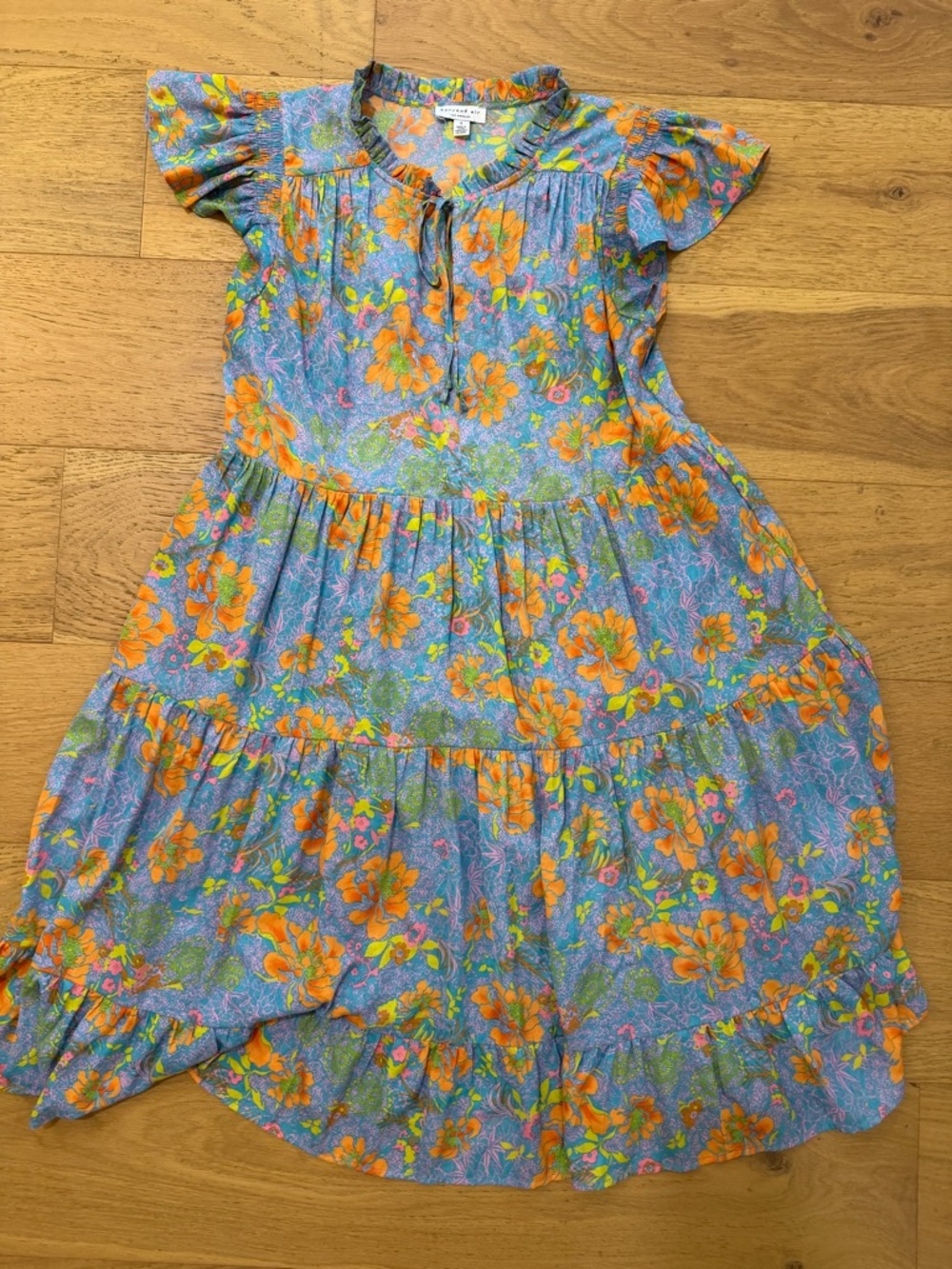 Current Air Flutter Short Sleeve Ruffle Split Neck Tiered Mini Dress Blue S EUC